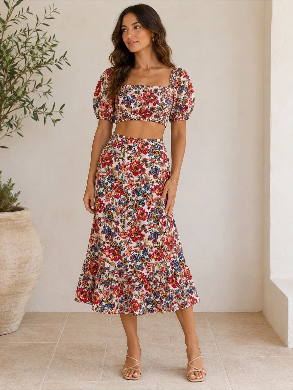 Rachel Rachel Roy Floral Print Puff Sleeve Top and Skirt Set - Picture 1 of 7